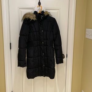 Black Long Coat with Faux Fur Hood